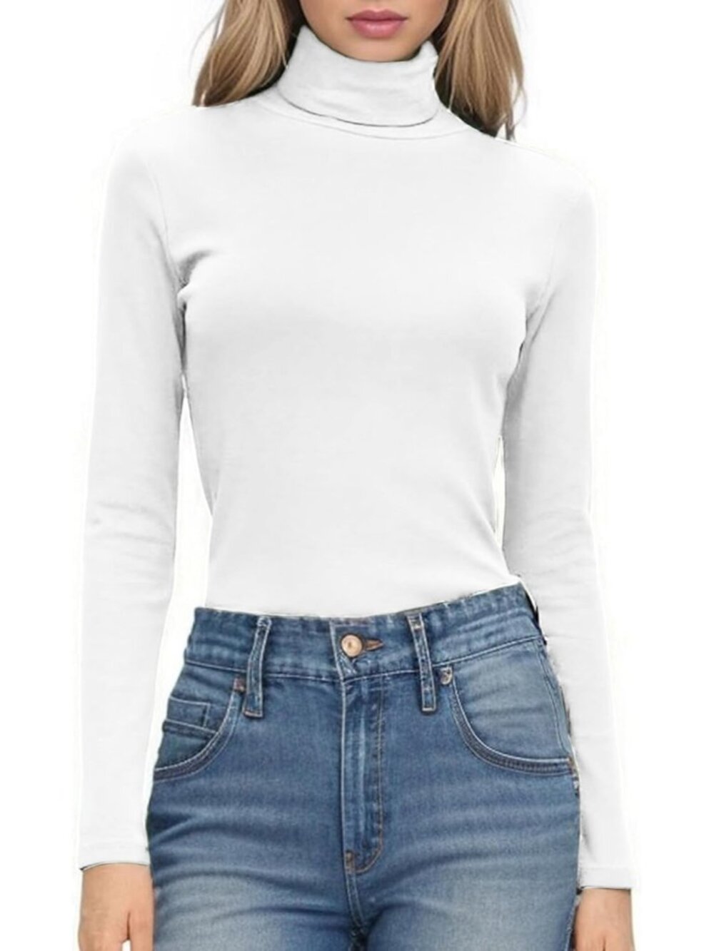 Women's White Ribbed Knit Turtleneck Slim Fit Stretchy Layering Pullover Shirt